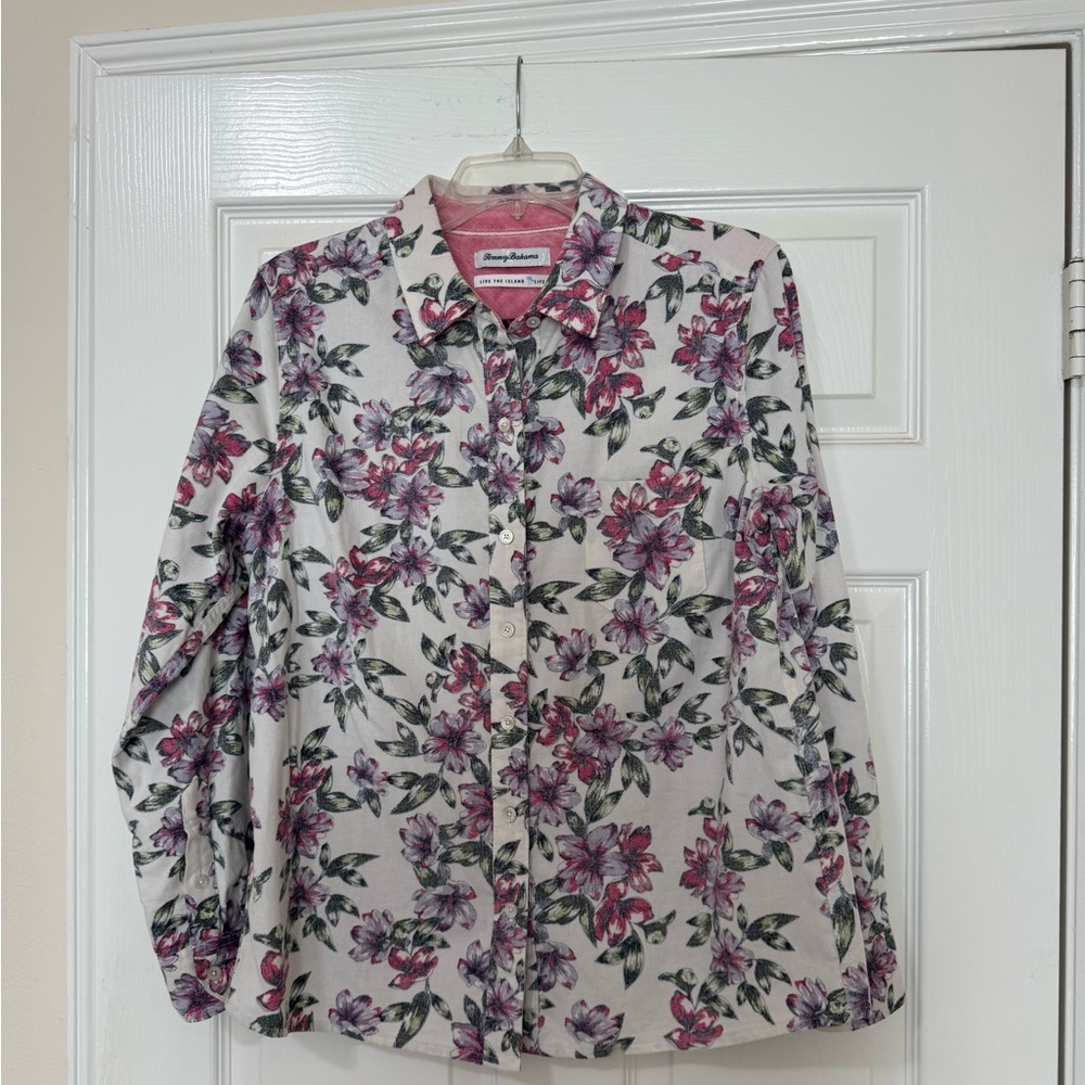 Tommy Bahama Long Sleeve Button Up Shirt Pink Green Floral 100% Cotton Size M